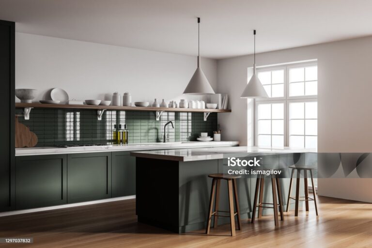Corner of modern kitchen with white and green walls, wooden floor, green cupboards and bar. 3d rendering