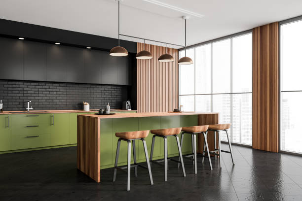 Corner view of industrial kitchen interior with black and green design, breakfast bar, wood details, tiled flooring and floor to ceiling window. Minimalist concept. 3d rendering
