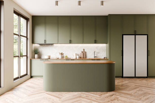 Modern Green Kitchen with Elegant Island Design, and ample natural light through large windows. 3d render.